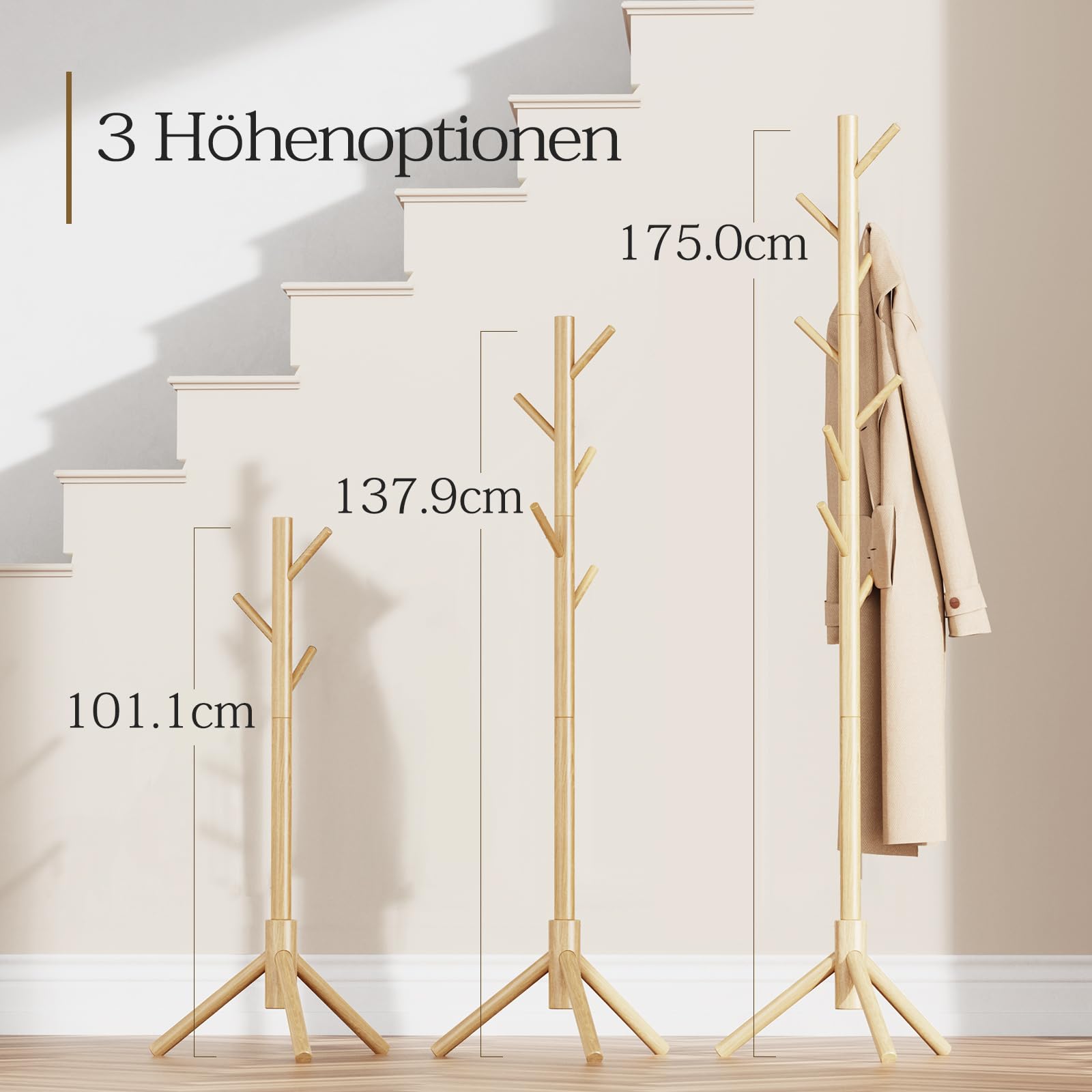 Pipishell Coat Rack Sturdy Wooden Coat Rack Stand, Adjustable Coat Tree, Free Standing Tree Hanger with 4 Sections & 8 Hooks, for Home/Bedroom/Office/Hallway/Entryway