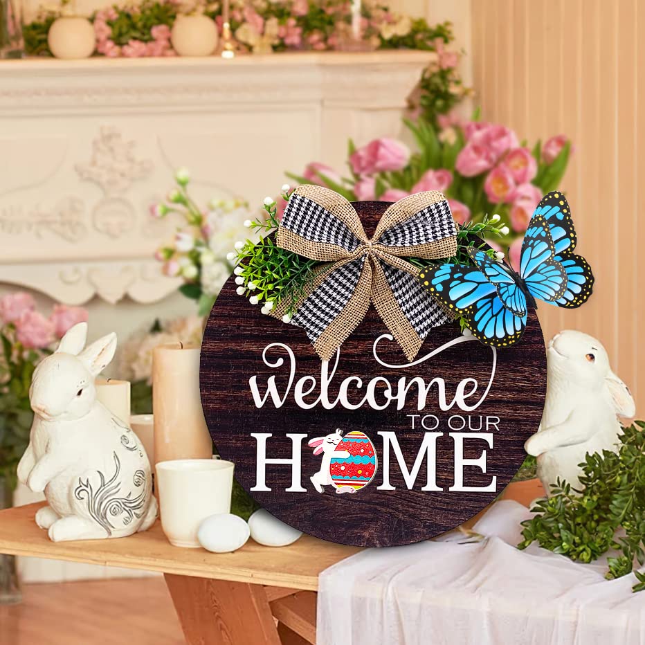Interchangeable Seasonal Welcome Sign Front Door Decorations, Round Wood Wreath for Outdoor, Farmhouse, Porch Perfect for New Home Housewarming Gift, Valentine's, Easter, Christmas Home Decor