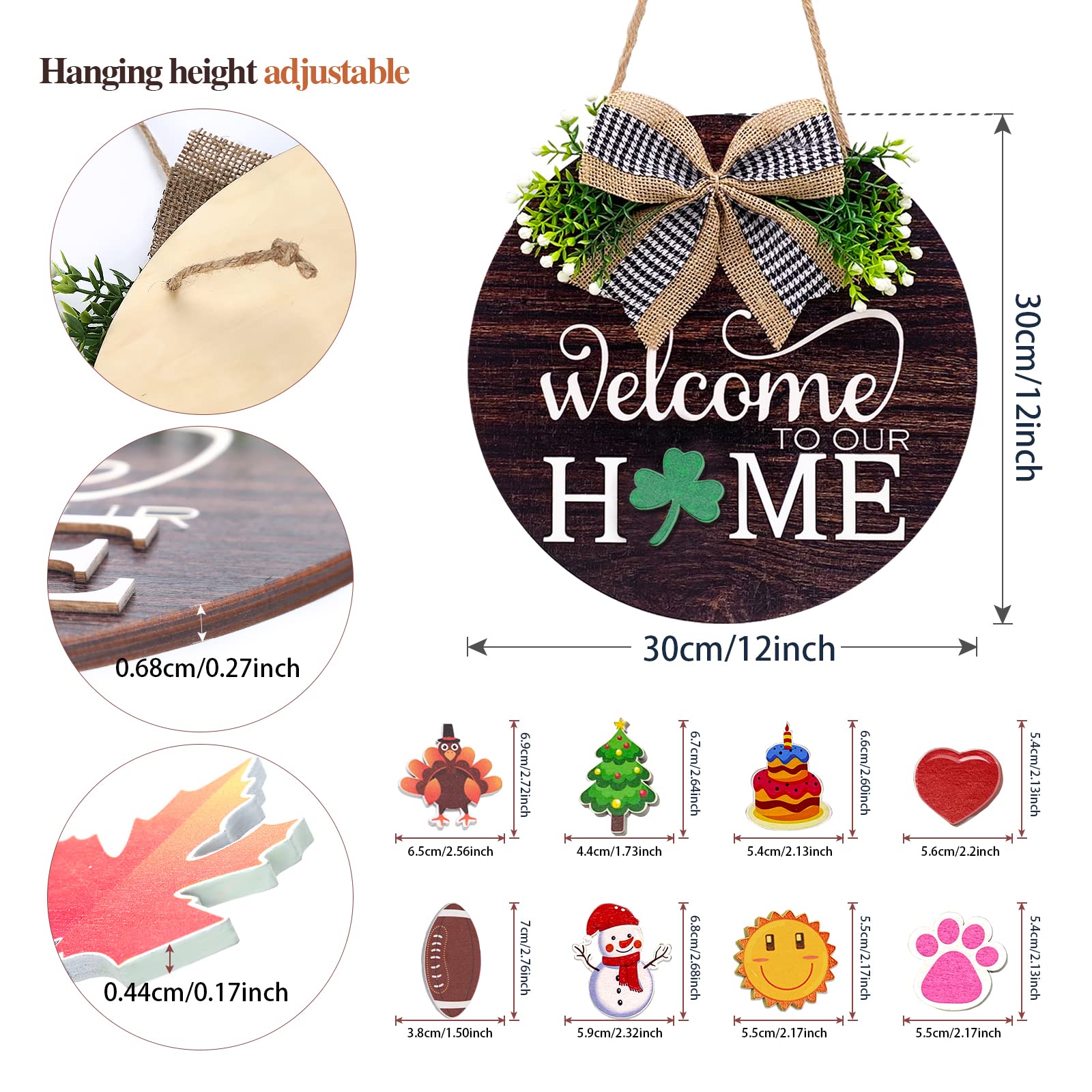 Interchangeable Seasonal Welcome Sign Front Door Decorations, Round Wood Wreath for Outdoor, Farmhouse, Porch Perfect for New Home Housewarming Gift, Valentine's, Easter, Christmas Home Decor