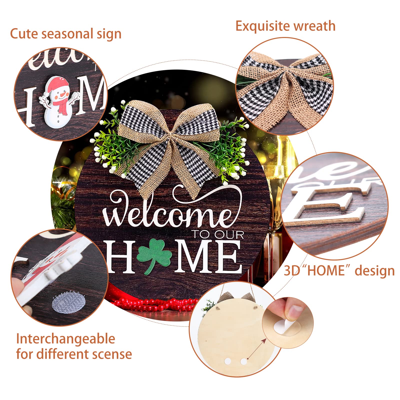 Interchangeable Seasonal Welcome Sign Front Door Decorations, Round Wood Wreath for Outdoor, Farmhouse, Porch Perfect for New Home Housewarming Gift, Valentine's, Easter, Christmas Home Decor