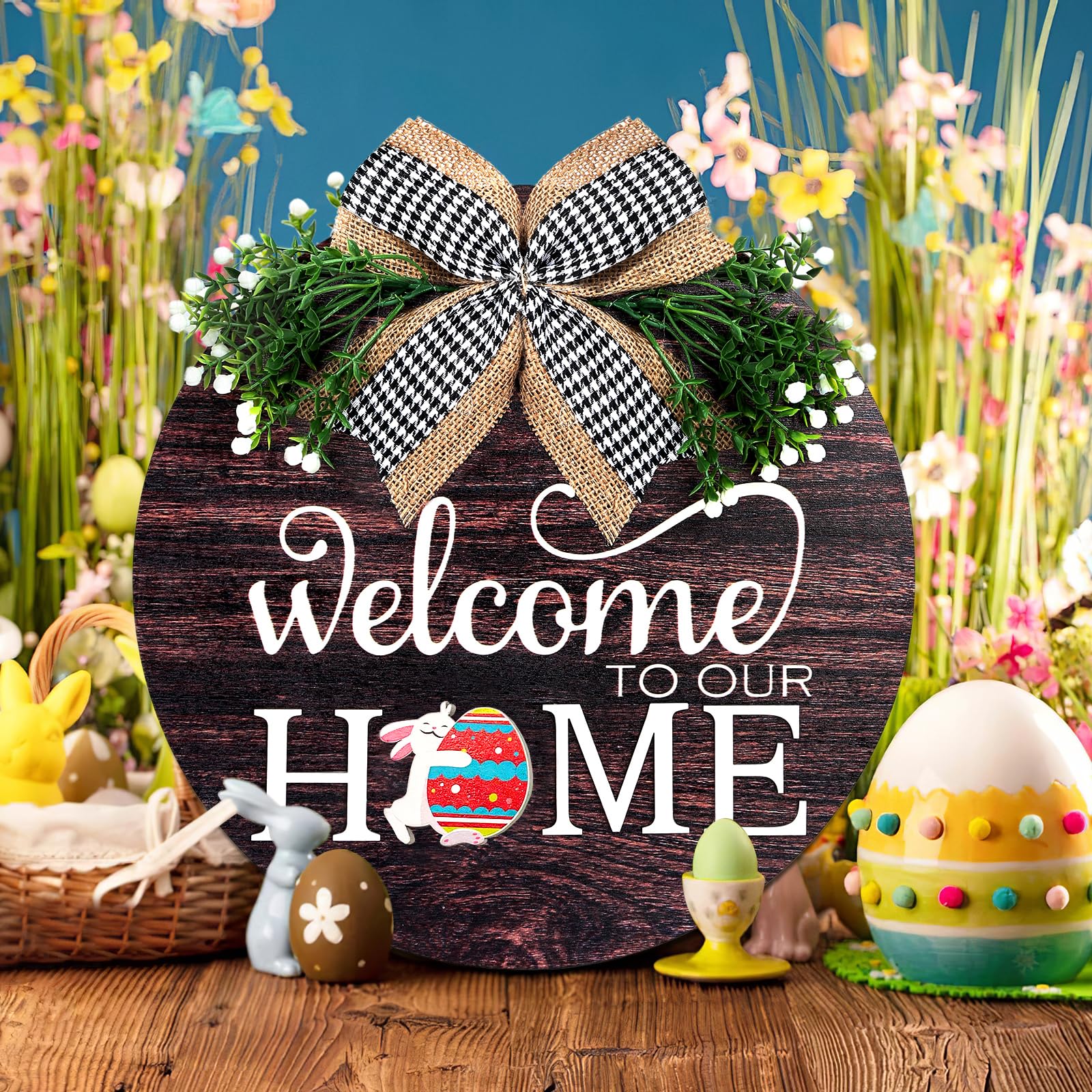 Interchangeable Seasonal Welcome Sign Front Door Decorations, Round Wood Wreath for Outdoor, Farmhouse, Porch Perfect for New Home Housewarming Gift, Valentine's, Easter, Christmas Home Decor